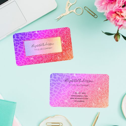 Pink purple leopard sparkle glam girly foil business card