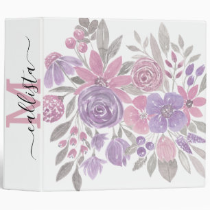 Pink Purple Light Sage Green Floral Watercolor 3 Ring Binder