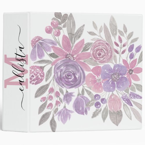 Pink Purple Light Sage Green Floral Watercolor 3 Ring Binder