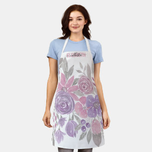 Pink Purple Light Sage Green Floral Watercolor Apron