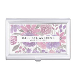 Pink Purple Light Sage Green Floral Watercolor Business Card Case