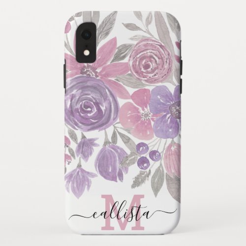 Pink Purple Light Sage Green Floral Watercolor iPhone XR Case