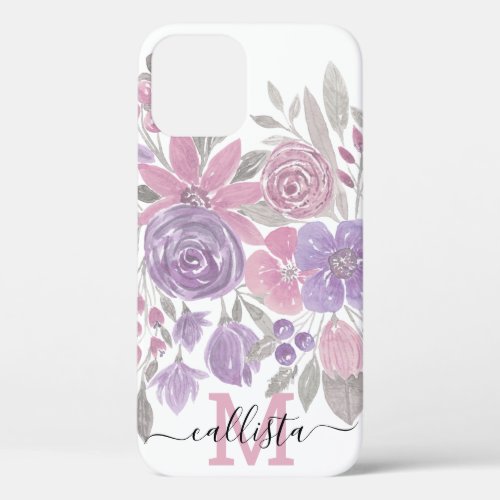 Pink Purple Light Sage Green Floral Watercolor iPhone 12 Pro Case