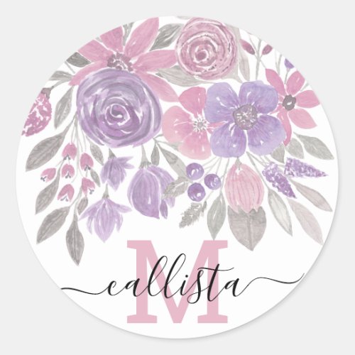 Pink Purple Light Sage Green Floral Watercolor Classic Round Sticker