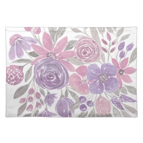 Pink Purple Light Sage Green Floral Watercolor Cloth Placemat