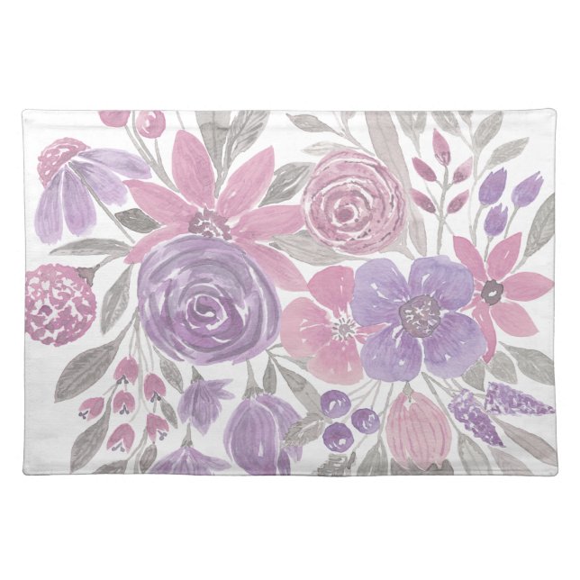 Pink Purple Light Sage Green Floral Watercolor Cloth Placemat (Front)