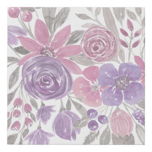 Pink Purple Light Sage Green Floral Watercolor Faux Canvas Print