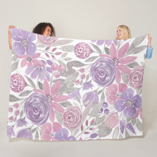 Pink Purple Light Sage Green Floral Watercolor Fleece Blanket