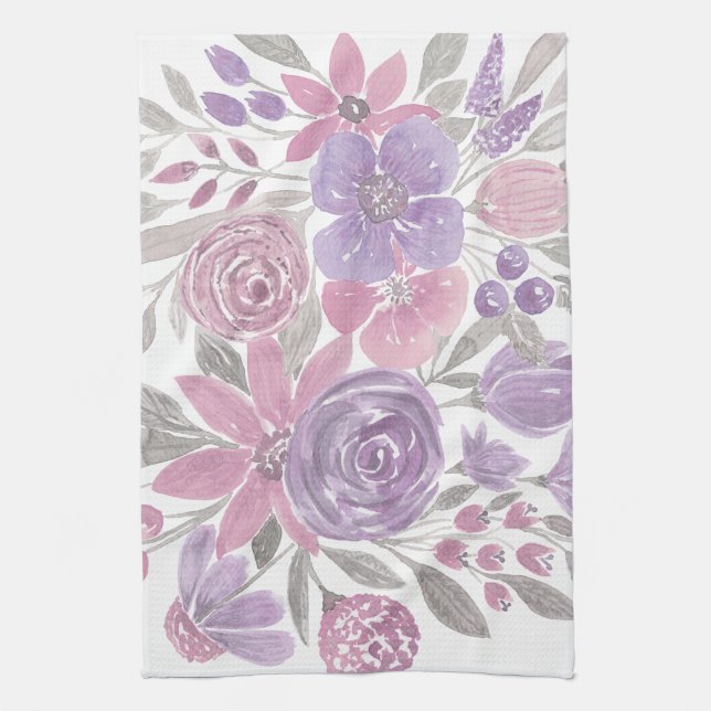 Pink Purple Light Sage Green Floral Watercolor Kitchen Towel (Vertical)