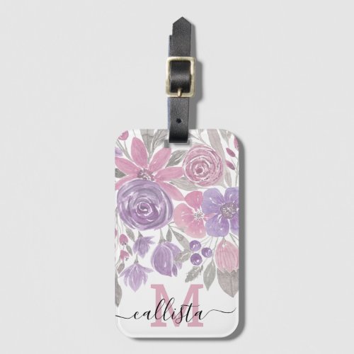 Pink Purple Light Sage Green Floral Watercolor Luggage Tag