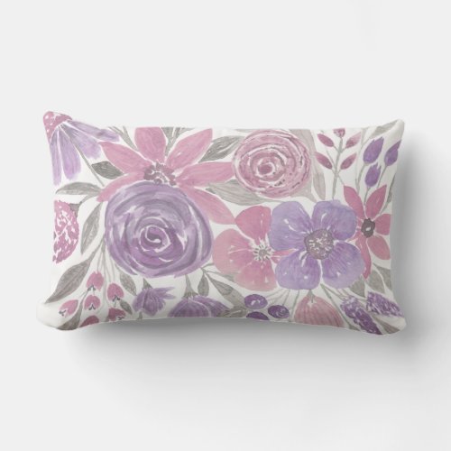 Pink Purple Light Sage Green Floral Watercolor Lumbar Pillow