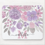 Pink Purple Light Sage Green Floral Watercolor Mouse Pad<br><div class="desc">This elegant and pretty pattern is perfect for the trendy and stylish woman. It features hand-painted pink, purple, and light sage green flowers and leaves on top of a simple white background. It's artsy, girly, country, cute, unique, and trendy. Just customize this design with your own personalized monogram name and...</div>