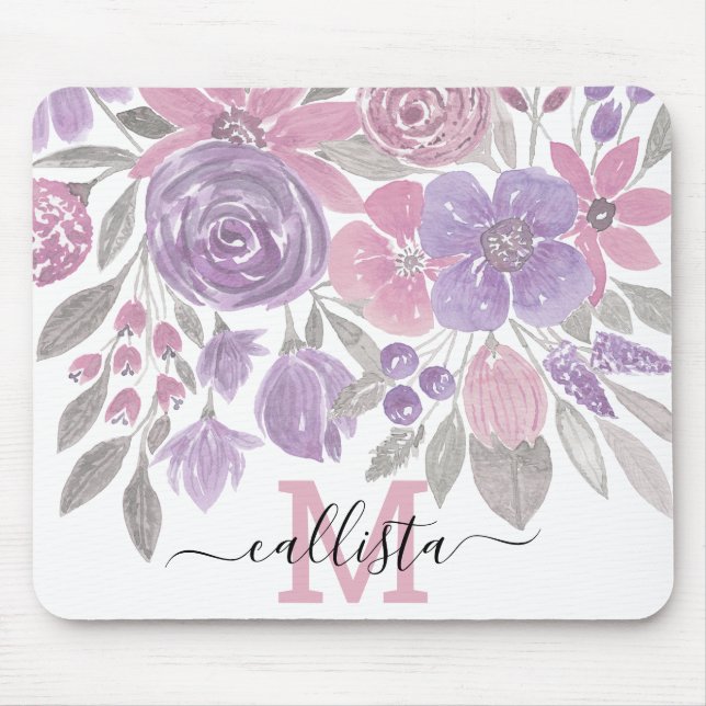 Pink Purple Light Sage Green Floral Watercolor Mouse Pad (Front)