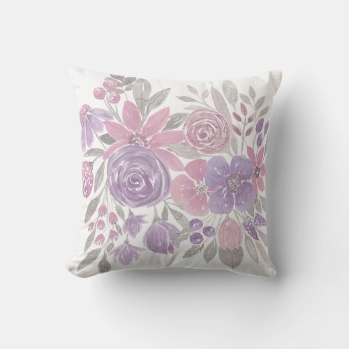 Pink Purple Light Sage Green Floral Watercolor Outdoor Pillow