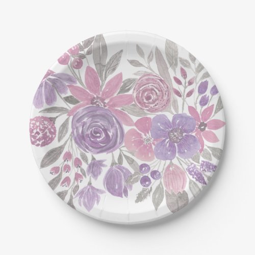 Pink Purple Light Sage Green Floral Watercolor Paper Plates