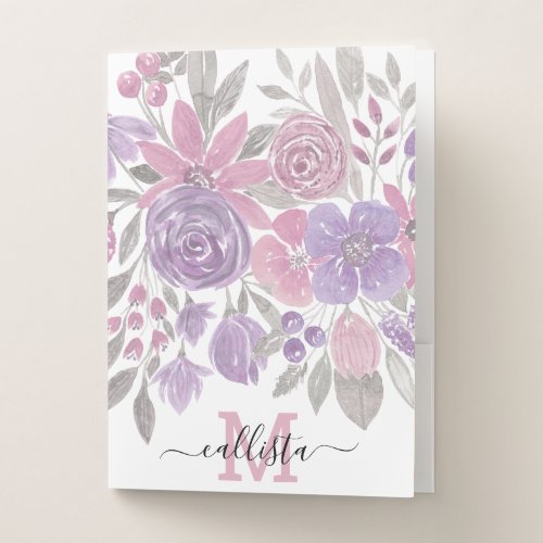 Pink Purple Light Sage Green Floral Watercolor Pocket Folder