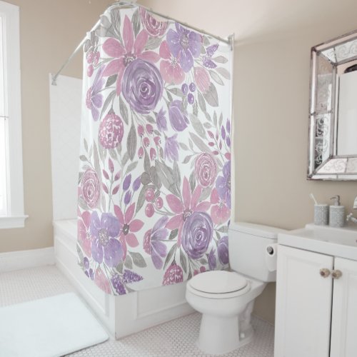 Pink Purple Light Sage Green Floral Watercolor Shower Curtain