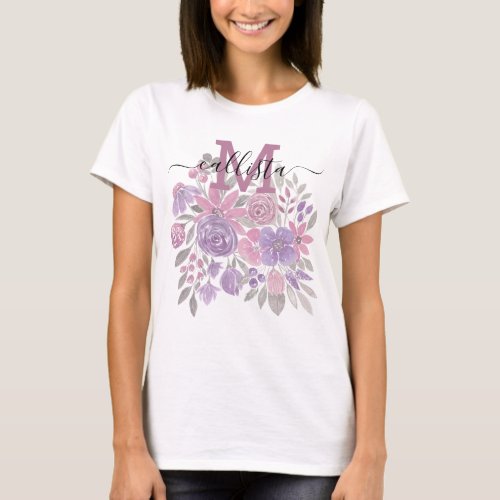 Pink Purple Light Sage Green Floral Watercolor T_Shirt