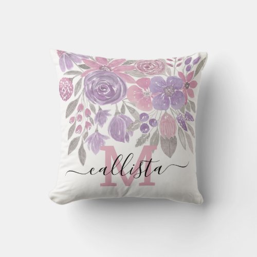 Pink Purple Light Sage Green Floral Watercolor Throw Pillow