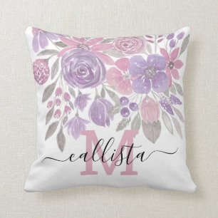 Pink Purple Light Sage Green Floral Watercolor Throw Pillow
