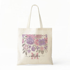 Pink Purple Light Sage Green Floral Watercolor Tote Bag