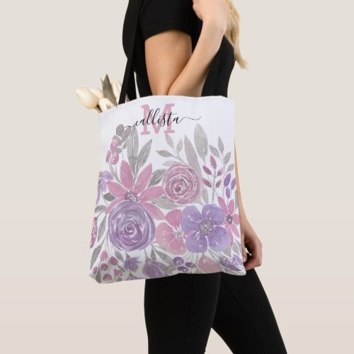 Pink Purple Light Sage Green Floral Watercolor Tote Bag