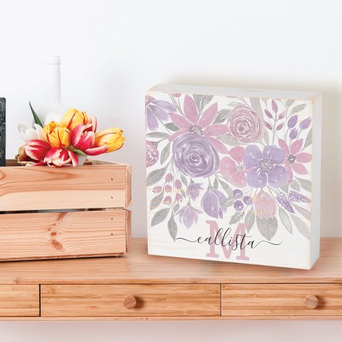 Pink Purple Light Sage Green Floral Watercolor Wooden Box Sign