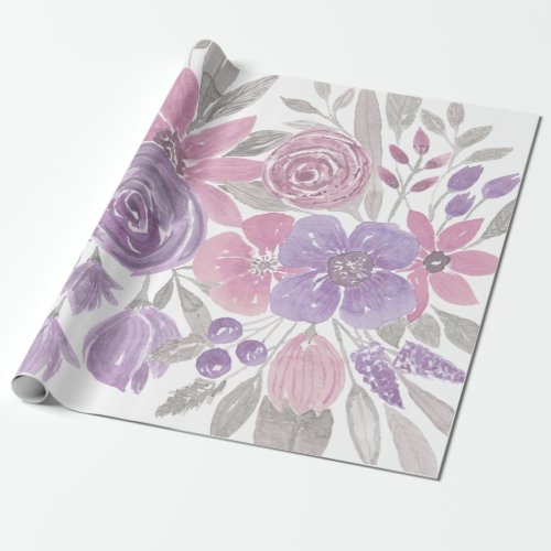 Pink Purple Light Sage Green Floral Watercolor Wrapping Paper