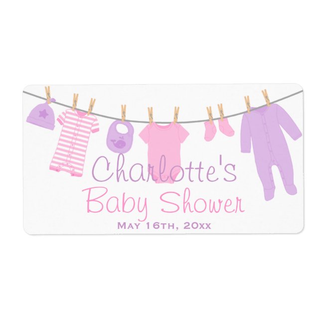 Pink & Purple Lil Clothes Baby Shower Water Bottle Label (Front)