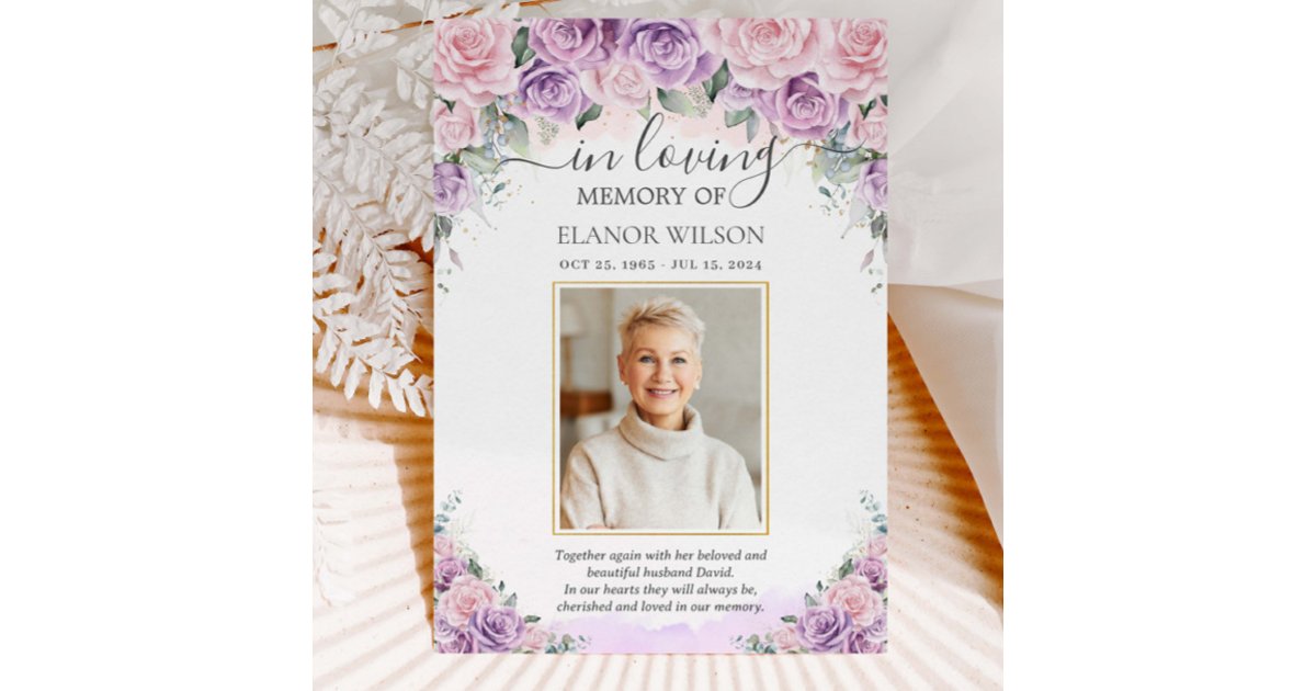 Pink Purple Lilac Floral Photo Funeral Memorial Thank You Card | Zazzle