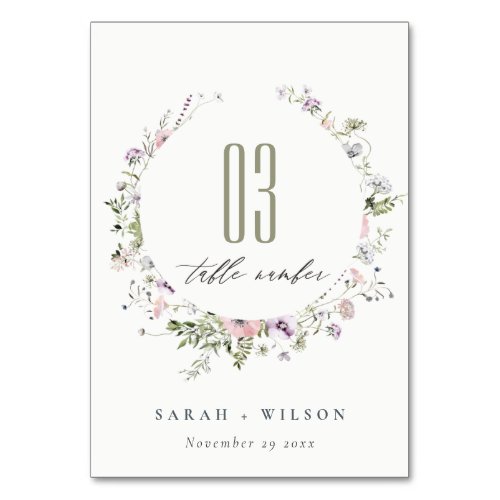 Pink Purple Lilac Wildflower Circle Frame Wedding Table Number