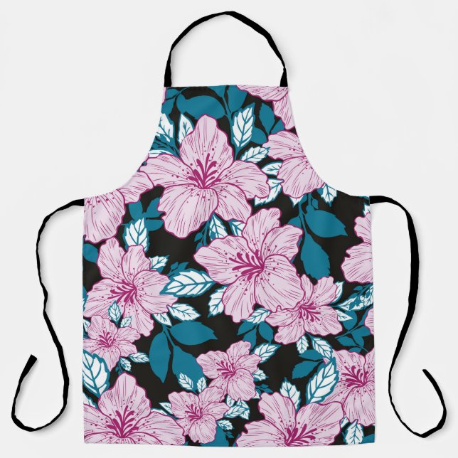 pink purple lily flower blue leaf black background apron (Front)
