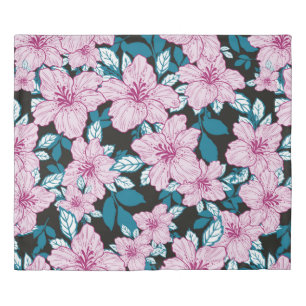 pink purple lily flower blue leaf black background duvet cover