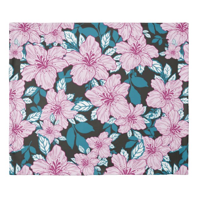 pink purple lily flower blue leaf black background duvet cover (Front)
