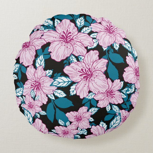 pink purple lily flower blue leaf black background round pillow (Front)