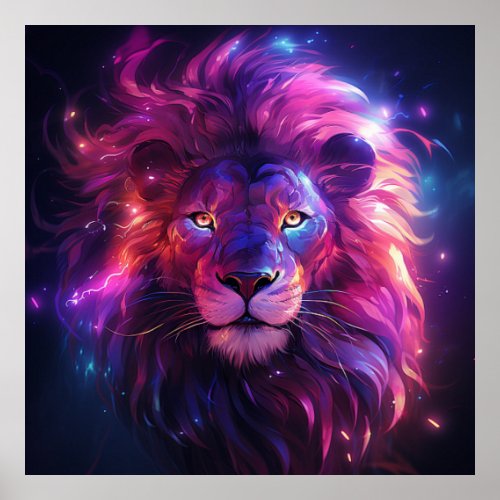 Pink Purple Lion Face Art  Poster