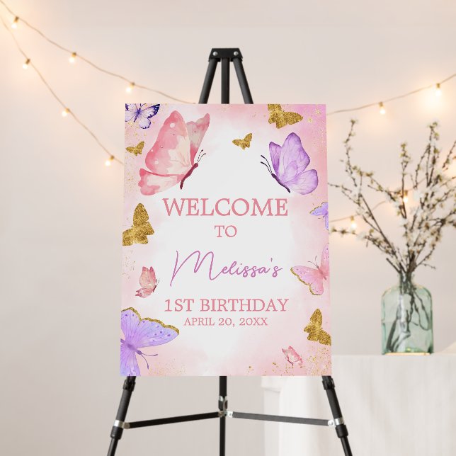 Pink Purple Little Butterfly Welcome Sign (In Situ (Stand))
