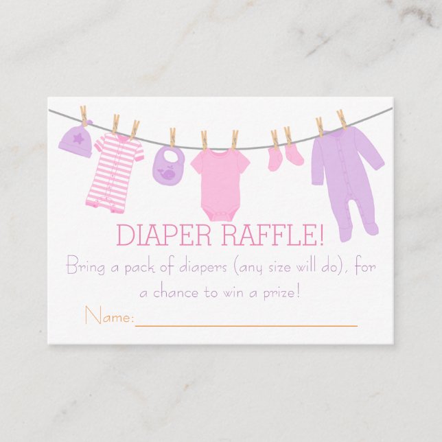 Pink & Purple Little Clothes Diaper Raffle Tickets Enclosure Card (Front)