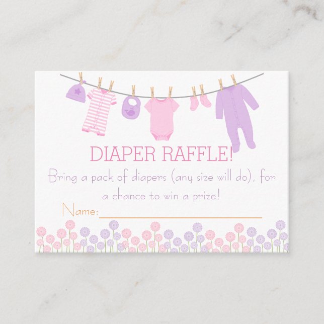 Pink & Purple Little Clothes Diaper Raffle Tickets Enclosure Card (Front)
