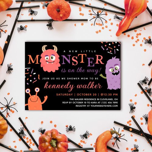 Pink Purple Little Monster Halloween Baby Shower Invitation