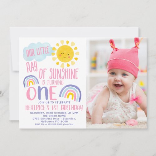 Pink Purple Little Ray Of Sunshine 1st Birthday Invitation