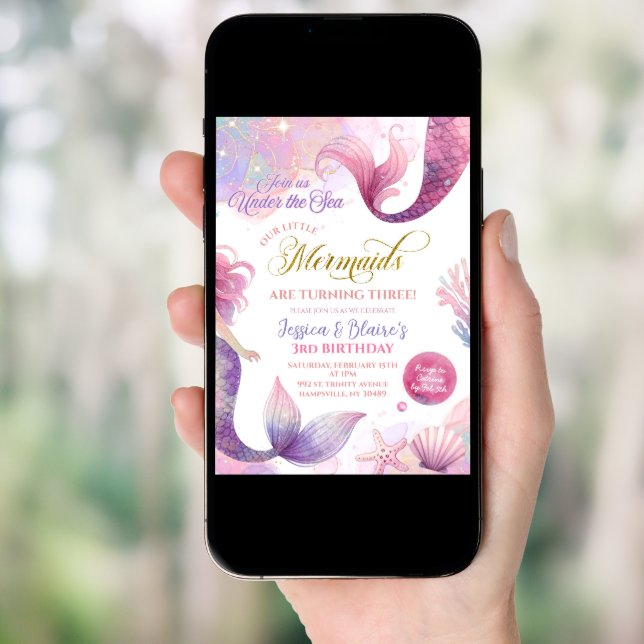 Pink Purple Little Two Mermaids Twins Birthday  Invitation (Front Digital)