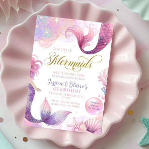 Pink Purple Little Two Mermaids Twins Birthday  Invitation