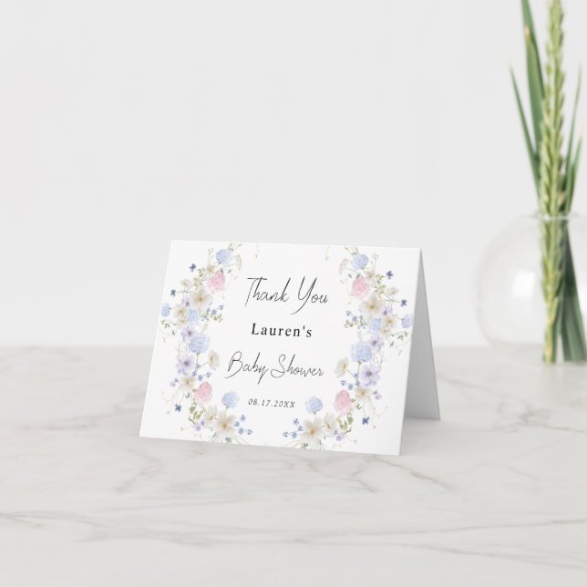 Pink Purple Little Wildflower Girl Baby Shower Thank You Card (Front)