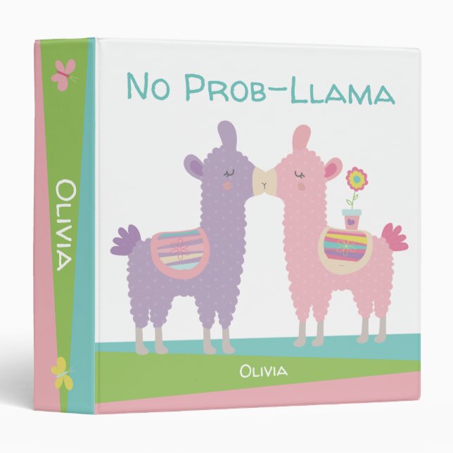 Pink purple llama kissing cute girly kawaii school 3 ring binder (Front/Spine)