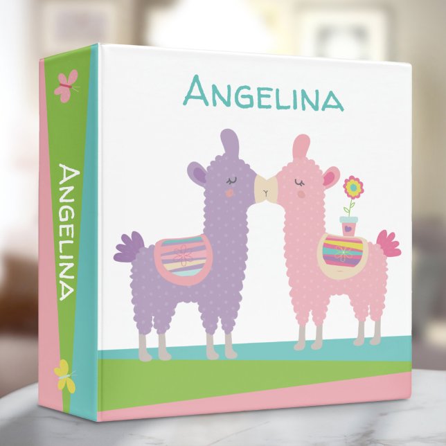 Pink purple llamas name cute cool girly school 3 ring binder (Creator Uploaded)