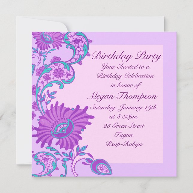 Pink & Purple lush floral Birthday Invitation (Front)