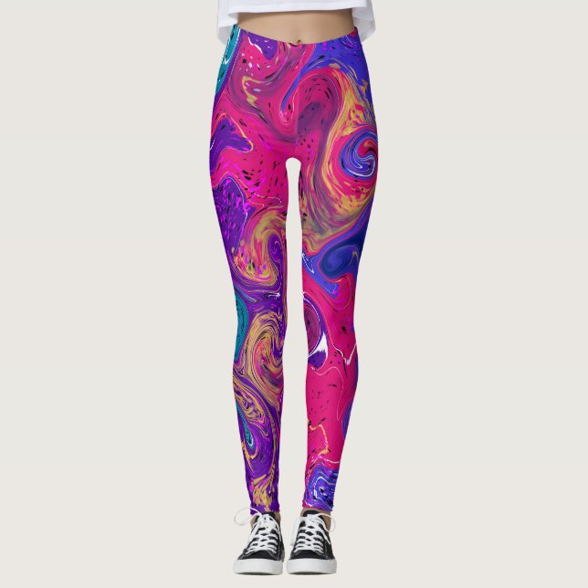Pink, Purple, Magenta Fluid Art Marble Leggings (Front)