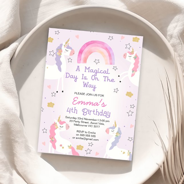 Pink Purple Magical Day Unicorn Year Birthday  Invitation (Girls Magical Day Unicorn Birthday Invitation, Any Age Unicorn Birthday Invitation, Pink Purple )