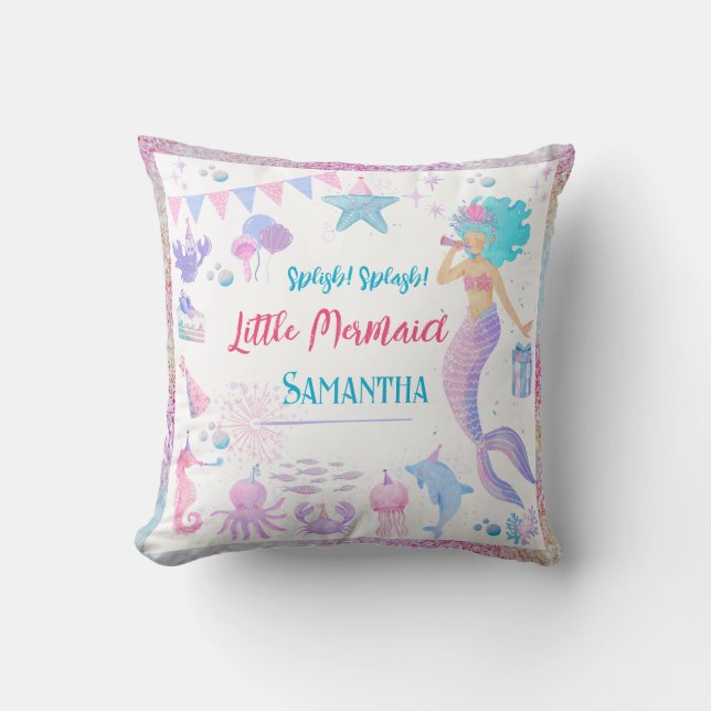 Pink Purple Magical Girl  Mermaid 1st Birthday Throw Pillow (Front)